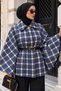 Pera Buttoned Plaid Poncho TSD260365 Blue - 3