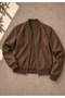 Women's Brown Leather-Look Bomber Jacket with Ribbed Collar and Cuffs and a Zipper - 3