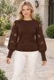 Women's Round-Neck, Long-Sleeved, Puffed-Sleeve, Lace-Like Knit Cuffs and Corded Fabric Knitted Detail, Stylish and Elegant Casual Brown Knit Sweater - 2
