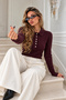 Women's polo collar button-up knit sweater with braided pattern - 5