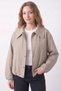Women's Beige Shirt Collar Zipper-Front Lined Transitional Bomber Jacket - 2