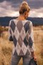 Italian Beige-Anthracite V-Neck Long-Sleeve Diamond Patterned Casual Angora Wool Blend Knit Blouse 63 56 - 6