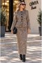 MISS NEŞEM Women's Leopard-Print Long-Skirted Crew-Neck Jacket Two-Piece Set