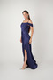 Satin Fabric Degaje Collar Evening Dress - Dark Blue - 2