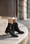 Women's Black Shiny 5cm Thick Shiny Heel Buckled Ankle Boots with Side-Zip Closure and Pointed Toe