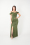 Glittery Fabric Low-Sleeve Dress with Shawl Detail - Khaki Green