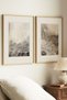 2 VINTAGE PAINTINGS WITH NATURAL WOOD FRAMES FEATURING MISTY NATURE AND ABSTRACT TEXTURE THEMES