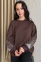 Brown Sleeves with Bead and Stone Embroidery, 100% Cotton Sweatshirt - 3