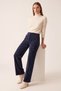 Velvet-Textured Pants with Elastic Waistband, Navy Blue - 2