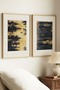 2 VINTAGE PAINTINGS WITH NATURAL WOOD FRAMES FEATURING ABSTRACT LANDSCAPES WITH FOREST AND WATER THEMES
