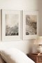 2 VINTAGE PAINTINGS WITH WHITE WOODEN FRAMES FEATURING A MISTY NATURE AND ABSTRACT TEXTURE THEME