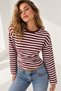 Women's Striped, Oversized, Shiny-Textured, Long-Sleeved, Waist-Fitted T-Shirt - 8