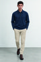 Navy Blue Polo Collar Half-Zip Cashmere Men's Sweatshirt |   Mew2311657-1 - 2