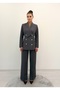Premium Blazer Jacket with Asymmetrical Shawl Collar and Gold Buttons, Paired with High-Waisted Pants
