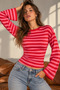 Women's Striped Oversized Waist-Fitted Long-Sleeve T-Shirt with a Shiny Texture