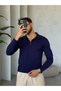 V27 Fleece-Lined Straight-Cut Polo Collar Sweater, V-Neck, Navy Blue - 2