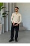 V27 Fleece-Lined Straight-Cut Polo Collar Sweater, V-Neck, Beige - 2
