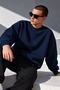 Men's Navy Blue Crew Neck Oversized Sweatshirt with Fleece-Lined Design, Thick-Textured and Soft-Textured Design - 7