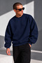 Men's Navy Blue Crew Neck Oversized Sweatshirt with Fleece-Lined Design, Thick-Textured and Soft-Textured Design - 4