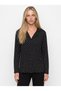 Women's Long-Sleeved Pajama Set with Full Buttons on the Front, Black with Polka Dot Pattern.