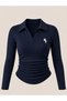 Embroidered Polo Collar Ribbed Stretch Long Sleeve Blouse
