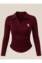 Embroidered Polo Collar Ribbed Stretch Long Sleeve Blouse