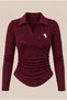 Polo Collar Blouse with Silver Embroidery and Ruffled Details