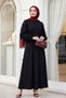 Embossed Floral Tulle Sleeve Belted Dress -black - 3