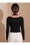 Women's Black Halter Neck Blouse with Cut-Out Details, Window-Style Design, Spaghetti Straps, Long Sleeves, and a Form-Fitting Stretch Cotton Blend - 7
