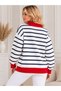 Red Polo Collar Zipper-Front Striped Oversized Women's Knit Sweater - 2