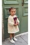 Baby Girl Cream Floral Embossed Textured Long Sleeve Burgundy Big Bow Dress and Stretchy Elastic Bandana Set Birthday Dress - 2
