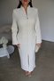 Premium Long White Maxi Dress with a V-Collar Detail, Deep Slit, Padded Shoulders, and Button Details - 3