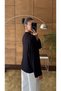 High Collar Oversize Flowy Long Sleeve Black Blouse - 8