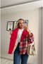 Red Jacket with Collar Detail and Checked Pattern