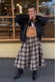 Women's Brown Plaid High-Pleated Long Flared Skirt LZ002 - 3