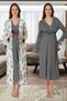 New Season Charcoal Grey-Patterned Lace-Detailed Button-Up Nursing-Friendly Long-Sleeved Postpartum and Maternity Robe and Nightgown Set - 3