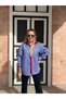 Women's Long-Sleeved Shirt with Blue and White Stripes, Red Collar, and Cuffs and Button Placket Details - 7