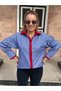 Women's Long-Sleeved Shirt with Blue and White Stripes, Red Collar, and Cuffs and Button Placket Details - 3