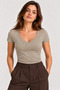 Women's 100% Cotton V-Neck Short-Sleeve Basic T-Shirt - Stone Beige