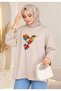 Women's Beige Oversized Modest Tunic Sweatshirt with Bird Print