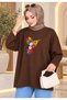 Women's Beige Oversized Modest Tunic Sweatshirt with Bird Print