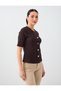 Bitter Coffee Button-Collar Detail Crew-Neck Short-Sleeve Knit Blouse - 4