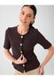 Bitter Coffee Button-Collar Detail Crew-Neck Short-Sleeve Knit Blouse