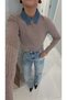 Volle Taupe Color Removable Denim Collar Detail Knit Top with Braided Knitted Detail