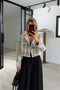 Mock Neck, Epaulet, Ecru Checkered Tweed Jacket