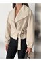 Women's Suede Double-Breasted Wrap Neckline Blazer with Side-Tie and Buckled Details - 2