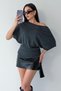 Women's Anthracite Wool Blend Boat Neck Sweater with a Belt - 3