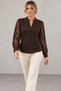 Women's Lace-Sleeve Blouse with Button Collar Detail, V-Neck, Long Sleeves, and Guipure Lace on Elegant Crepe Fabric—A Casual and Timelessly Elegant Blouse - 3