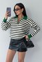Women's Green Striped Zip-Up Polo Collar Sweater - 2