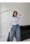 Women's Crew Neck Gray Melange Basic Finger-Loop Stretch Cotton Blouse with Finger Details - 3